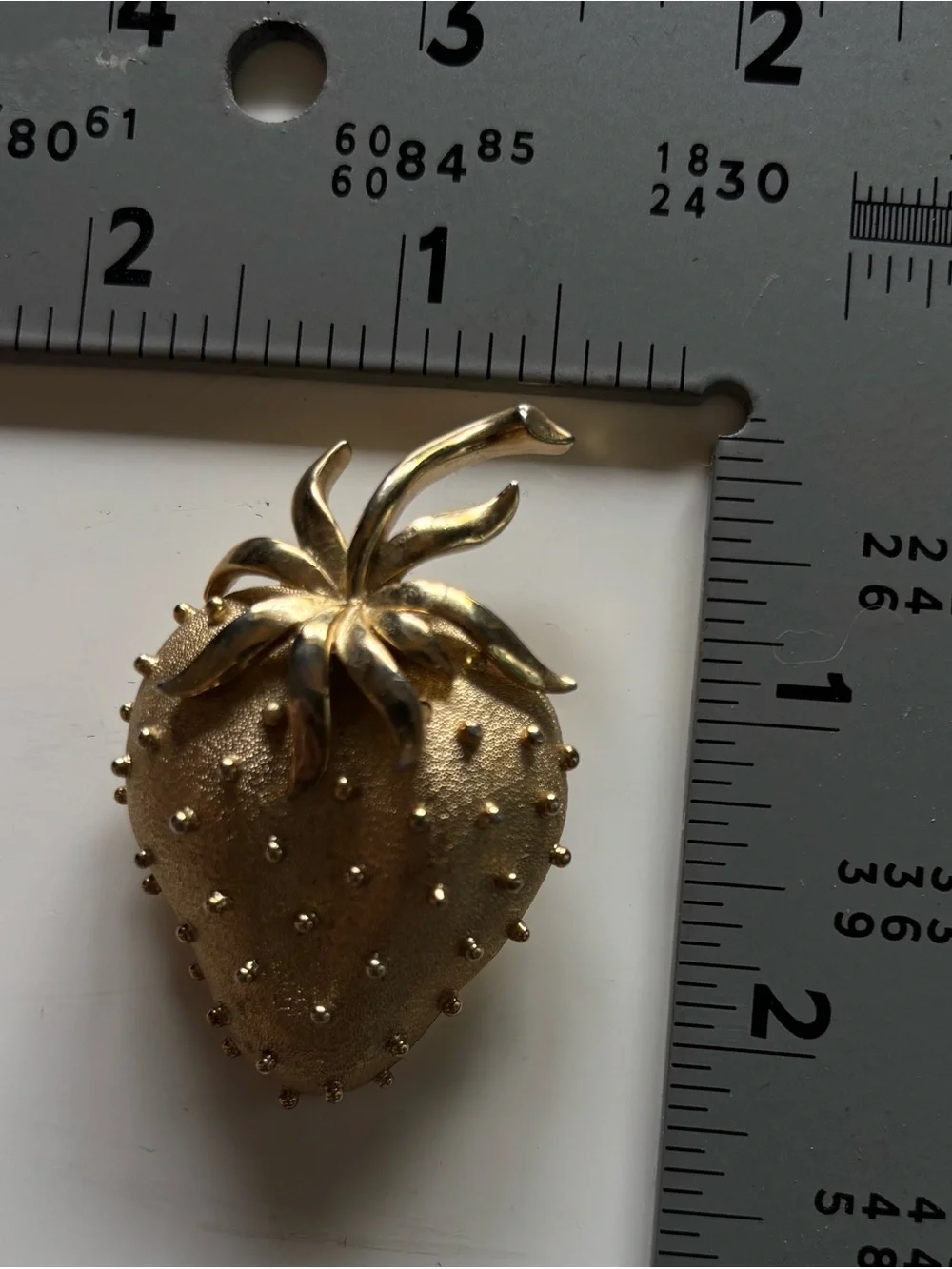 Vintage Signed Trifari Gold Tone Strawberry BroochTextured Satin Finish Fruit